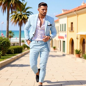 Costume 2 pièces jacquard en mélange de <span class=keywords><strong>lin</strong></span> pour <span class=keywords><strong>homme</strong></span>, coupe ajustée, simple boutonnage, <span class=keywords><strong>décontracté</strong></span>, pour <span class=keywords><strong>mariage</strong></span> ou affaires, ensemble blazer et pantalon - Product Image 1