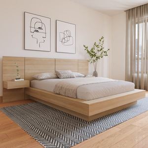 Base de Cama <span class=keywords><strong>Flotante</strong></span> de Madera Maciza con Cabecera Integrada y Estantes Laterales, Acabado en Chapa de <span class=keywords><strong>Roble</strong></span> <span class=keywords><strong>Natural</strong></span>, Diseño Minimalista - Product Image 2