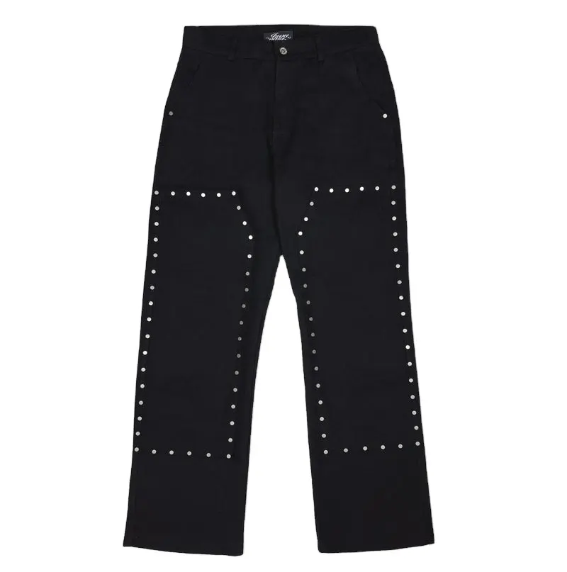 Custom Heren 100% Canvas Katoenen Studs Dubbele Knie Rechte Losse Fitte China Groothandel Zwarte Jeans Broek Mannen Timmerman Broek