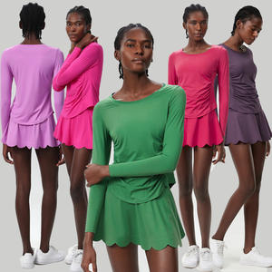 定制标志夏季防紫外线透气锻炼2件套长袖宽松衬衫高腰2合1裙网球羽毛球套装 - Product Image 1