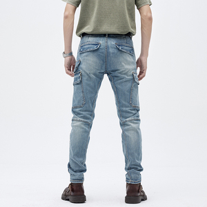 Jeans moto à poches multiples pour hommes, pantalon de motard de rue haute, blanc cargo, <span class=keywords><strong>jean</strong></span> slim stretch <span class=keywords><strong>beige</strong></span> avec fermeture éclair - Product Image 5