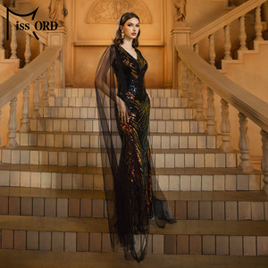 Mantella manica sirena <span class=keywords><strong>nero</strong></span> <span class=keywords><strong>paillettes</strong></span> lunghi eleganti abiti da sera di lusso per le donne - Product Image 3