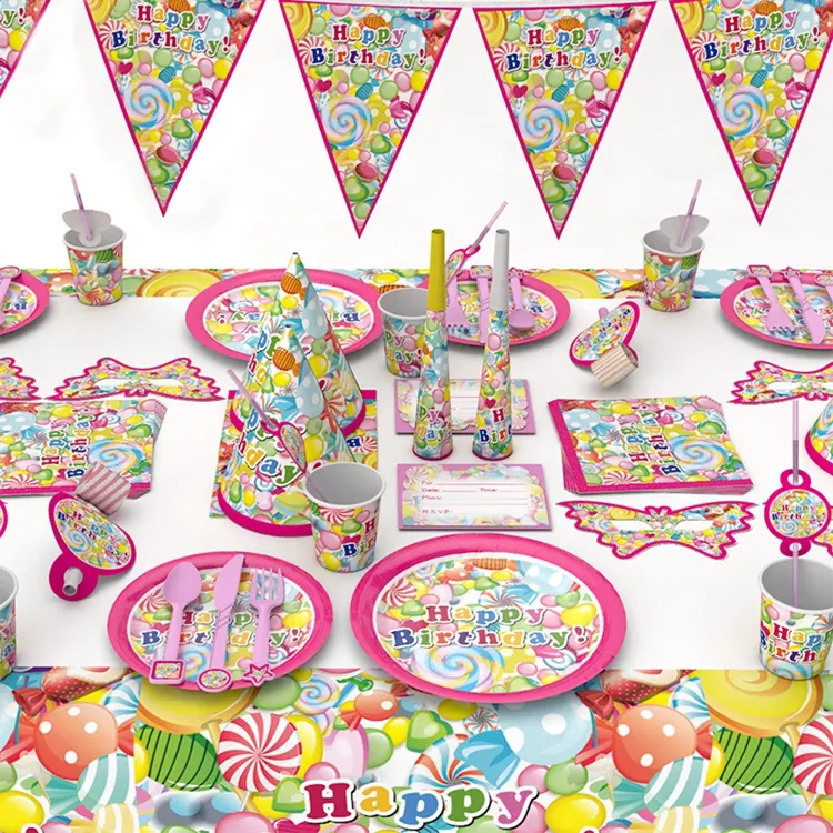 Lovely Candy Themed Party Tableware Plates Napkins Happy Birthday Kids Favors Cartoon Cups Baby Shower Party Supplies Decor