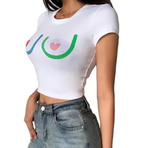 21018P European and American foreign trade summer new ins blogger models love printing navel fashion casual round neck T-shirt w