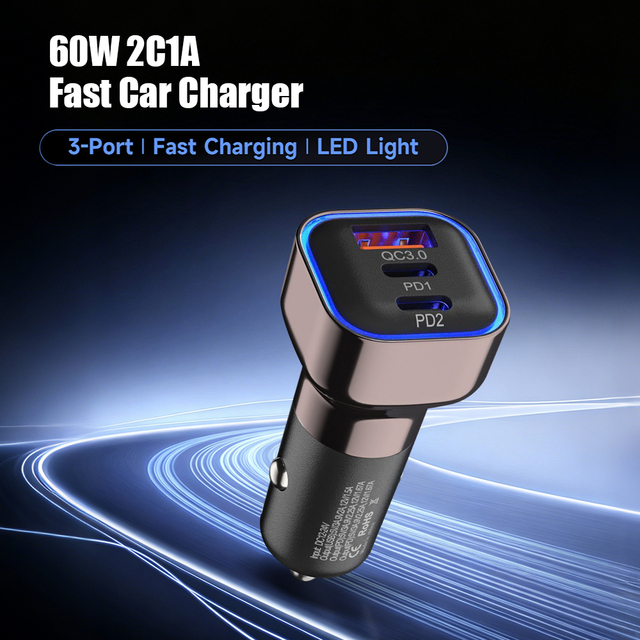 Hot Selling 60W USB C Car Charger PD3.0 PPS QC3.0 12V-24V Car Mobile Charger 3 Ports Fast Car Charger for Mobile Phone