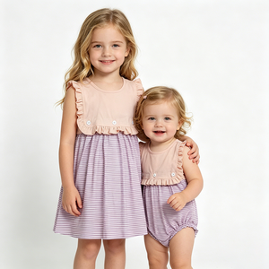 RTS Pink <b>Top</b> Purple Stripes Button Baby Girls Summer Dresses <b>Bubble</b> Romper Wholesale Sisters Clothing Boutique Factory Clothes - Product Image 1
