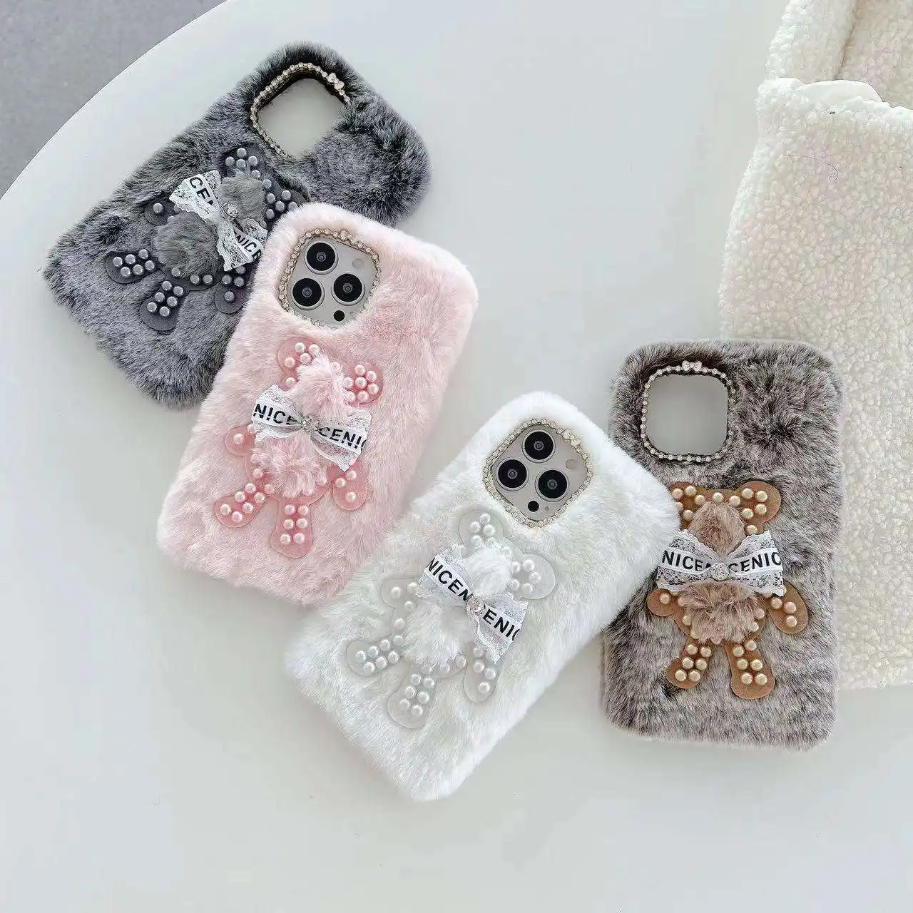 hot selling Fashion Lovely Bear Fur Plush For iphone 15 case Pearl Luxury TPU Phone Cover Case for iPhone 14 13 12 11 Pro Max