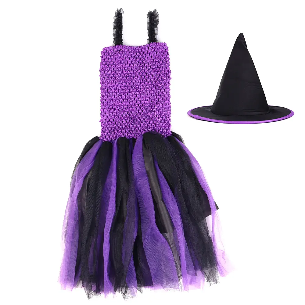 2pcs girls Halloween Witch Costume Accessories Set Witch Hat dress for Halloween Party