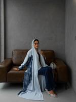 Abaya de Luxe Hafizah Bleu Clair pour Femme, Robe de Soirée Musulmane Élégante avec Dentelle et Patchwork, Kaftan de Dubaï et de Turquie, Robe de Fête 2026