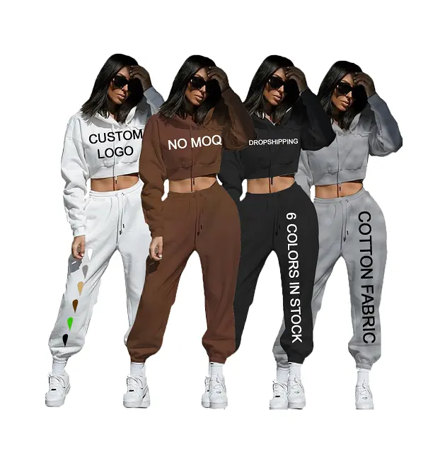 No moq Custom logo Classic Y2K plus size cotton knit two 2 piece crop top hoodie and jogger mujer pants set women clothing