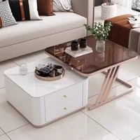 Table basse moderne combinée en acier et carbone avec plateau en verre trempé et marbre, décoration de salon de haute qualité