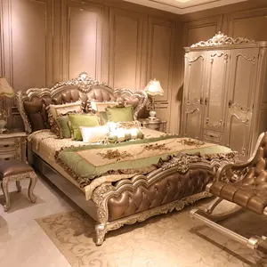 Set di camere da letto di lusso durevole in pelle di legno massello letto Queen Size europeo antico casa Hotel europeo soggiorno mobili