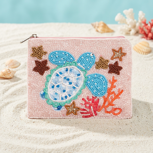 Pochette à monnaie carrée brodée en forme de tortue, faite à la main avec perles, sac à fermeture éclair en coton, décontracté, tendance, cadeau promotionnel, couleurs assorties - Product Image 1