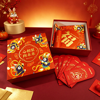 Coffret Cadeau Nouvel An Rouge et Or, Boîte Rigide Carrée avec Illustration de Dessin Animé, Boîte Intérieure Caractère Fu et Ensemble Festival du Nouvel An avec Enveloppes Rouges