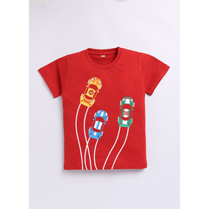 T-shirt en coton imprimé rouge uni pour garçons, motif voitures de course, style décontracté, tissu doux et respirant, confortable pour un usage quotidien - Product Image 1