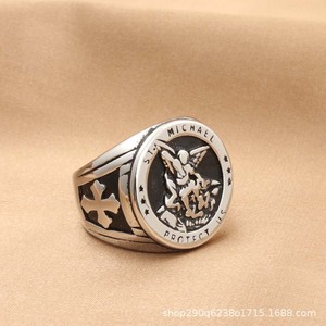 Bague de protection Saint Michel pour homme, en acier inoxydable argenté, forme croix, bijou tendance, cadeau pour toutes occasions - Product Image 2