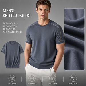 T-shirt en maille pour homme, mélange de soie et de lyocell, col rond, manches courtes, respirant, léger, sous-vêtement d'été - Product Image 1