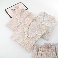Pyjama pour femmes 100% coton respirant, ensemble cardigan en gaze de coton floral printemps/automne, manches longues, pantalon long, style pastoral