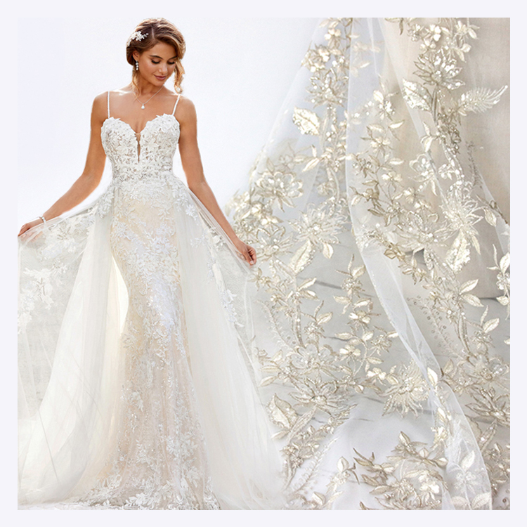New Arrival Bridal Fabric Luxury Flower Embroidery Beads Sequins Tulle Lace Fabric For Wedding Dress
