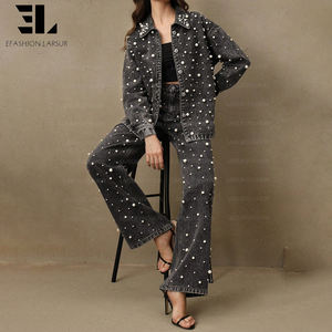 Jaqueta de Denim Personalizada LARSUR com Pérolas e Diamantes, Camisa Overshirt com Lavagem Desgastada para Mulheres - Product Image 3