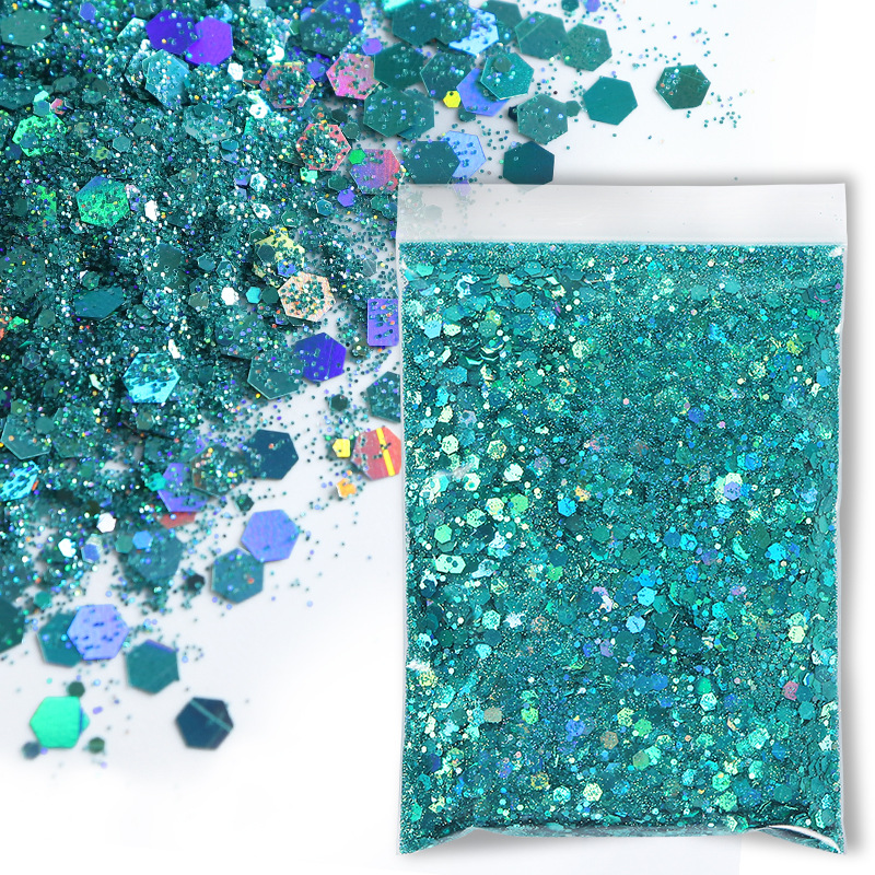 Sachets de 50g de poudre laser hexagonale mélangée - Vert laser bleu 13