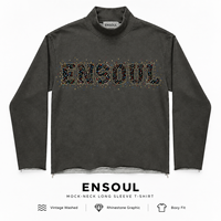 T-shirts pour hommes surdimensionnés à manches longues, coupe carrée, avec graphique en strass, ourlet brut, fermeture éclair, style streetwear, effet délavé vintage, personnalisables OEM/ODM de qualité supérieure