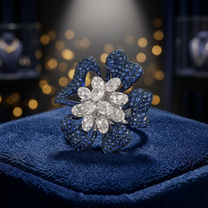 Luxury Blue Sapphire and Diamond Floral <b>Statement</b> <b>Ring</b> in White Gold - Product Image 3