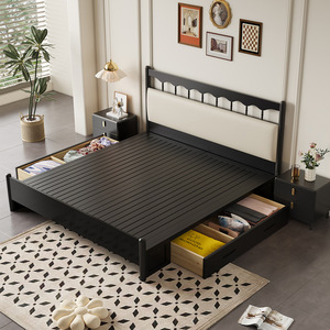 Retro Black Solid Wood Bed 1.5M 1.8M Platform With Soft Headboard For Master Bedroom - Product Image 2