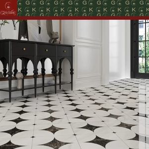 GOLDKING Revêtement <span class=keywords><strong>de</strong></span> sol intérieur <span class=keywords><strong>de</strong></span> luxe, <span class=keywords><strong>motif</strong></span> médaillon en marbre <span class=keywords><strong>blanc</strong></span> <span class=keywords><strong>et</strong></span> <span class=keywords><strong>noir</strong></span> découpé au jet d'eau, découpe sur mesure, fourniture pour grands projets - Product Image 3