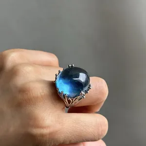 Grande <span class=keywords><strong>bague</strong></span> de mariage classique en aquamarine bleue naturelle pour femmes et hommes, perles ovales en cristal Reiki de guérison, argent, 22x19mm - Product Image 2