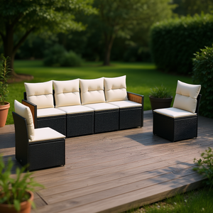 Ensemble de canapés de patio en rotin moderne avec coussins crème pour l'extérieur, capacité 6 personnes, structure en bois massif, design contemporain - Product Image 2