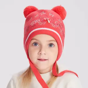 Custom Kids Girls Knitted Hats With Real Fur Pompom Cute Pearls Cat Pattern Ear Flap Beanie for Child Wholesale