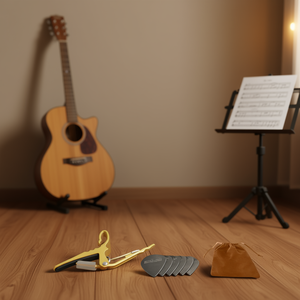 Capo para Guitarra de 5 Cuerdas, de Aluminio Amarillo, con 6 Púas de Celuloide y Bolsa con Cordón - Product Image 2