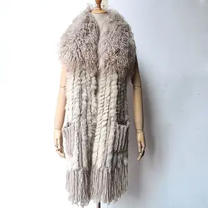 Real Rabbit Fur Vest With Mongolia Sheep Collat Women Long Elastic Knitted Fur Gilet Ladies Spring 2024 Fashion Vests