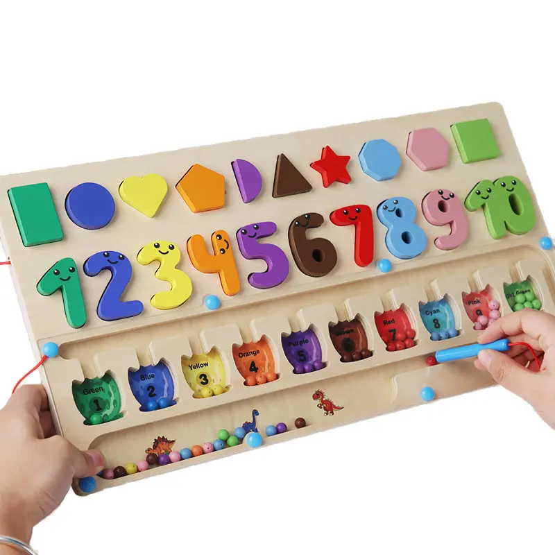 Best-seller in legno 4-in-1 giocattoli educativi di colore e numero puzzle a forma di labirinto con lettere che seguono lo stile Montessori per bambini