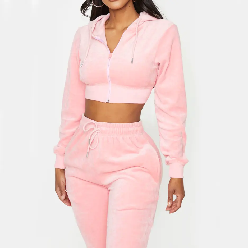 2022 Baru Gaya Kustom Logo Olahraga Crop Tops Kaus dan Jogging Sweatsuit 2 Piece Set Wanita Beludru Olahraga untuk Wanita