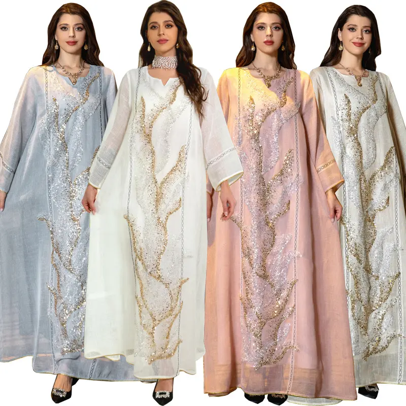 Ab295manufacturer gaun muslim wanita bordiran linen muslim putih sederhana dubai 2023 ukuran besar