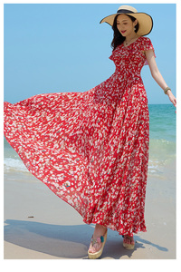 Đầm Voan Mùa Hè Mới Đầm Nữ Màu Đỏ Xòe Lớn Tay Ngắn Đầm Maxi Đi Biển - Product Image 4