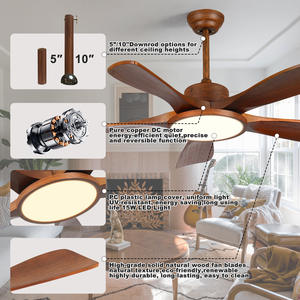 Ventilateur de plafond en bois HC 52 pouces, 5 pales, moteur DC avec lumière LED et télécommande pour maison et hôtel - Product Image 6