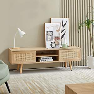 Meuble TV en bois massif 55,12 pouces avec étagère réglable, style ferme, console de rangement pour salon - Product Image 1