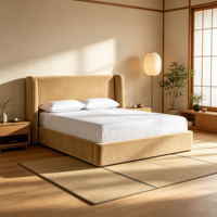 Lit plateforme moderne en velours rembourré avec tête de lit à volants, taille King, lit moelleux pour la maison, la chambre à coucher, les projets hôteliers, OEM ODM