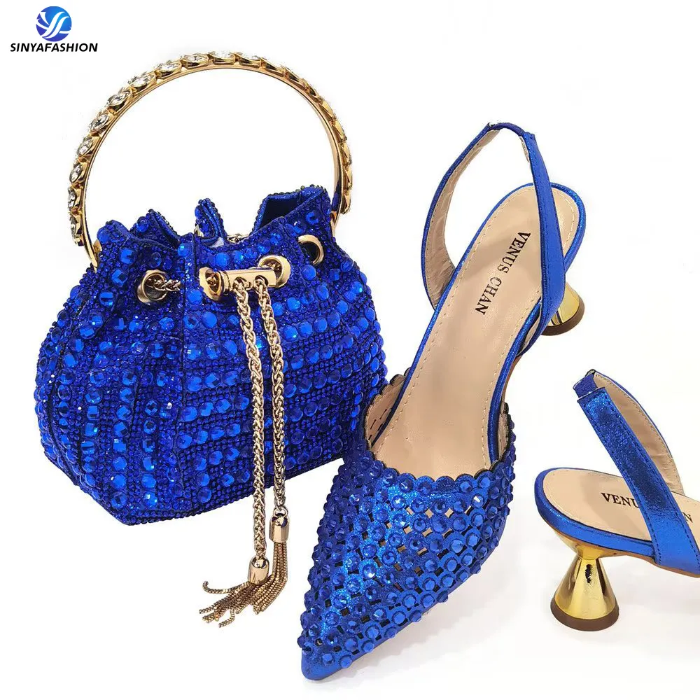 Sinya Luxury African Women High Heels Shoes And Bags Sets Royal Blue Wedding Party Bridal Ladies For Party