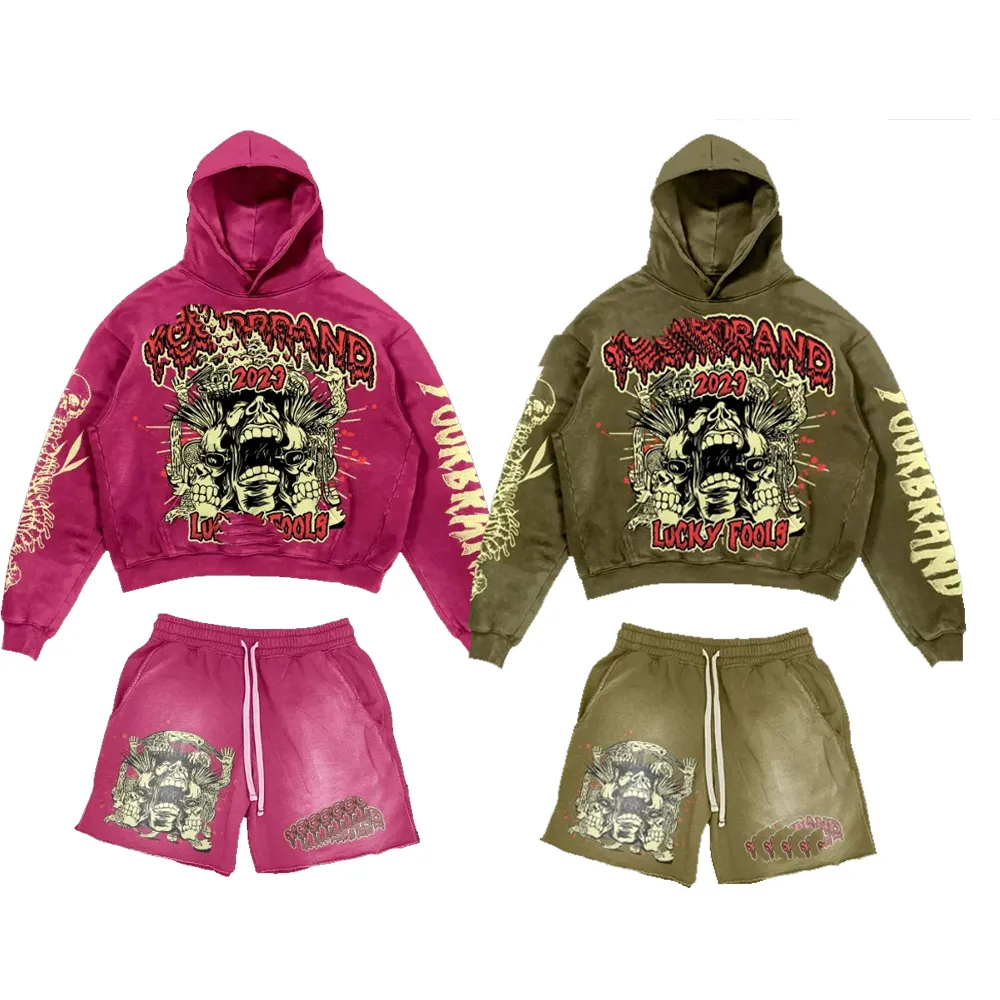 Alta qualidade logotipo personalizado vintage hoodies e shorts conjuntos Pullover ácido lavagem DTG impressão hoodie hip hop algodão sol desbotado agasalho