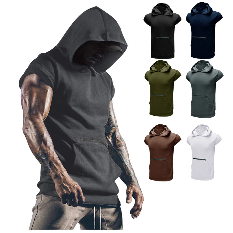 Camiseta sin mangas con capucha para hombre, camiseta cortada para entrenamiento de gimnasio, sudaderas con capucha de entrenamiento de bolsillo, sudadera sin mangas para culturismo