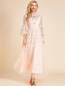 2022 hiver Casual Élégant Personnalisé Femmes Flare <span class=keywords><strong>3</strong></span> / <span class=keywords><strong>4</strong></span> Manches Blanc Floral Broderie Parti <span class=keywords><strong>Longue</strong></span> Dentelle Maxi <span class=keywords><strong>Robe</strong></span> - Product Image 6