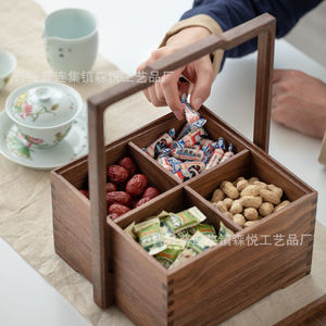Caja de almacenamiento de madera de estilo chino, portátil, con múltiples compartimentos, para té, aperitivos, comida, rectangular, artesanía de Shandong - Product Image 1