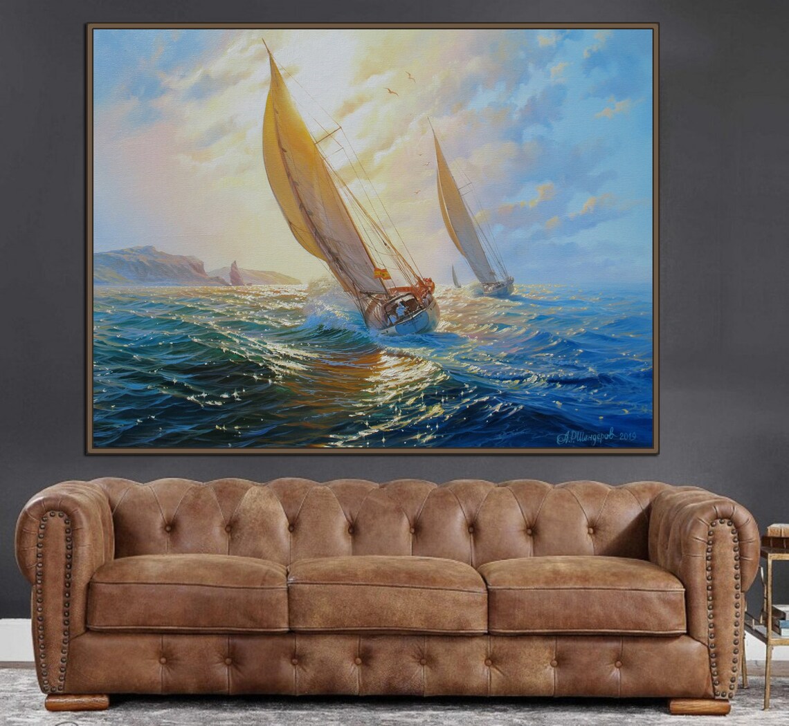 Quadro Astratto Su Tela Con Barca A Vela | Dipinto Colorato Paesaggio Marino 75x150 Cm | Senza Cornice Per Decorazione Moderna