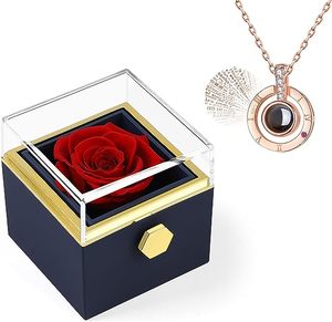 Valentines Day Gift Acrylic Rotatable Preserved Roses Jewelry Necklace Ring Box Eternal Rose Flower Gift Box For Women Girls
