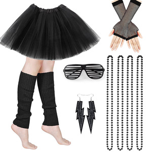 Conjunto de Disfraz de Mujer para Fiesta Neón de los 80: Falda de Malla Arcoíris, Calentadores de Piernas Fucsia, Gafas y Pendientes de Cuentas - Product Image 3