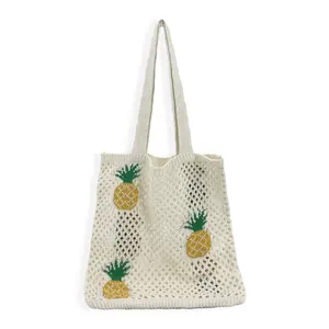 2024 Wholesale Fashion Summer New Pineapple Coco Tree Design Knitted Crochet Beach Tote Bags For Women
